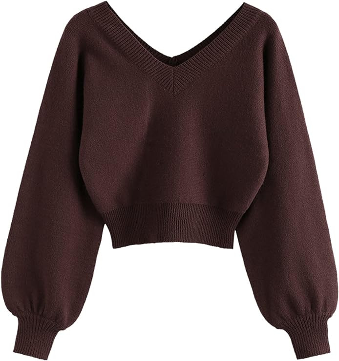 ZAFUL Women's Cropped Sweater V-Neck Long Sleeve Crop Sweater Pullover Jumper Knit Top | Amazon (US)