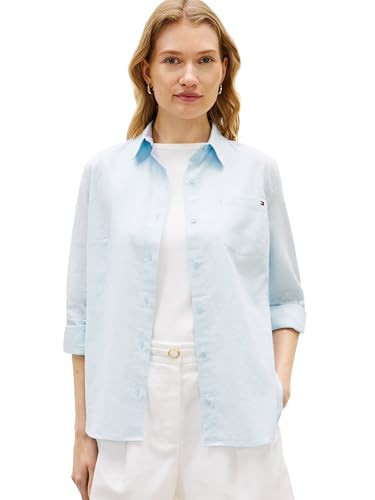 Tommy Hilfiger Women's Regular Linen Roll Tab Long Sleeve Button Up Shirt, Breezy Blue Small | Amazon (US)