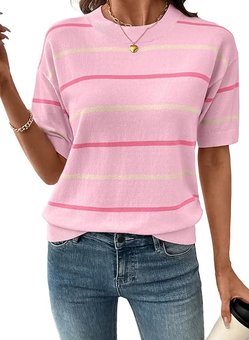 SHEWIN Womens Tops Crewneck Short Sleeve Sweater Pullover Knit Striped Shirt Blouses Fall Outfits... | Amazon (US)