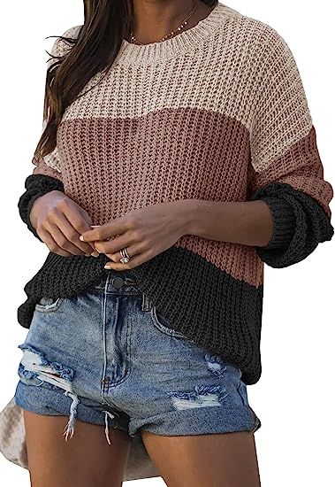 Womens Sweaters Long Sleeve Color Block Oversized Pullover Jumpers Crewneck Chunky Knitted Tops | Amazon (US)