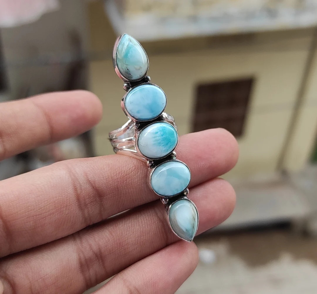 Handmade Five Stone Larimar Ring: 925 Sterling Silver Band | Etsy (US)