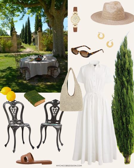 Italian inspired mood board: white midi dress, straw hat, sandals, straw bag, watch, & sunglasses

#LTKSeasonal #LTKfindsunder100