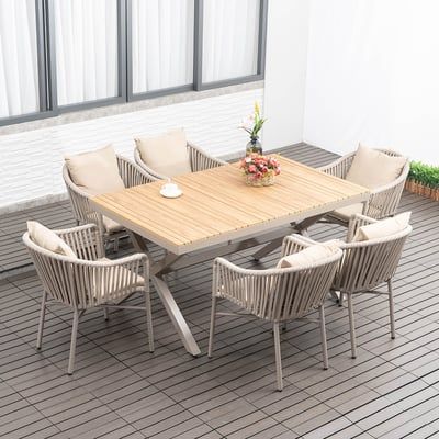 7 Pieces Outdoor Dining Set with Rectangle Table and Woven Rattan Armchair in Natural-Homary | Homary