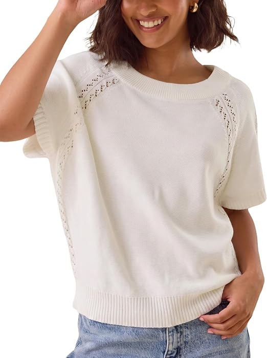 Yeokou Women Knit Crochet Top Short Sleeve Crew Neck Loose Fit Pullover Sweater Summer Fall Fashion Casual Knitted Blouse | Amazon (US)