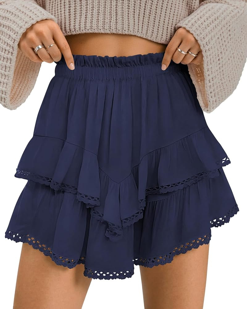 TARSE Womens Flowy Shorts High Waist Pleated Mini Skirts Casual Boho Ruffle Tiered Skorts Cute Ve... | Amazon (US)