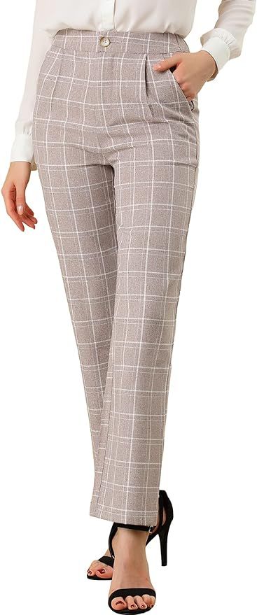 Allegra K Women's Plaid Pants Elastic Waist Casual Work Office Long Trousers | Amazon (US)