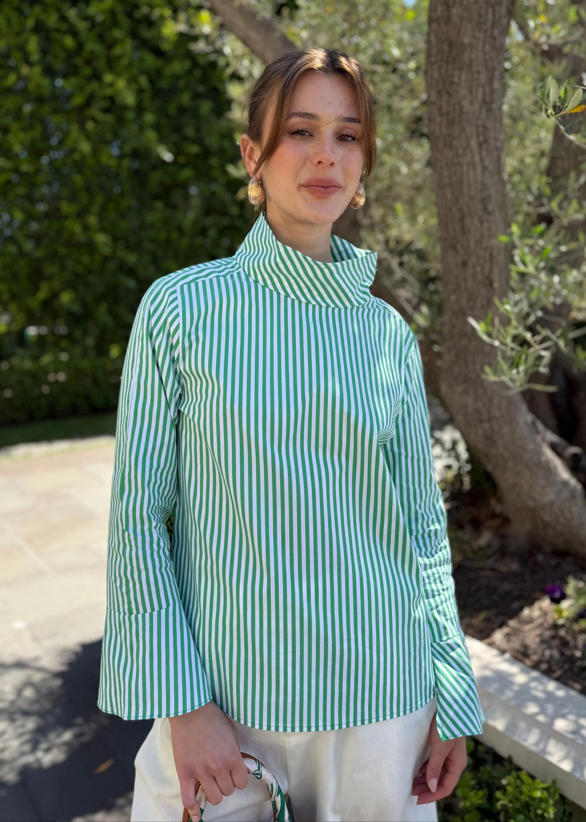 Kya Striped Button Blouse - Green | Benaar La