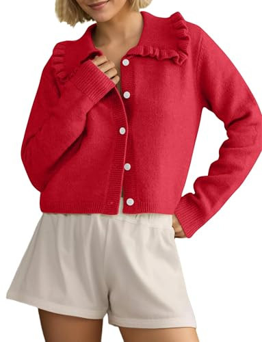 Ythomm Womens Ruffle Collar Cropped Cardigans Button Down Open Front Long Sleeve Knit Sweater Jackets Casual Solid Fall Tops Red | Amazon (US)