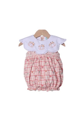 Hand Embroidered Pumpkin Fall Plaid Floral Corduroy Bubble | The Smocked Flamingo