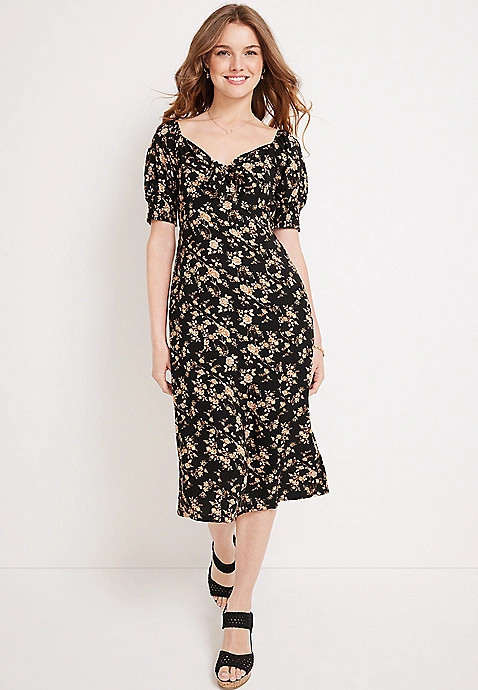 Floral Puff Sleeve Midi Dress | Maurices