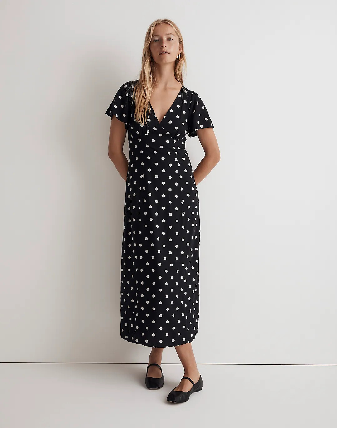 Flutter-Sleeve V-Neck Midi Dress in Polka Dot | Madewell