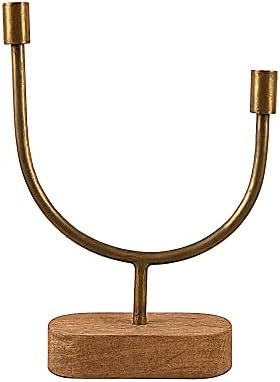 Main + Mesa Wooden and Iron U-Shaped Taper Candle Holder with Muted Gold and Natural Wood Stand,C... | Amazon (US)