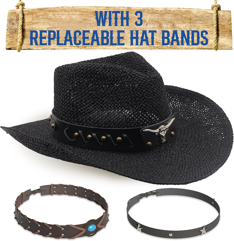 Funcredible Straw Cowboy Hat for Women - Straw Cowgirl Hat - Vintage Cowboy Hat with 3 Replaceabl... | Amazon (US)