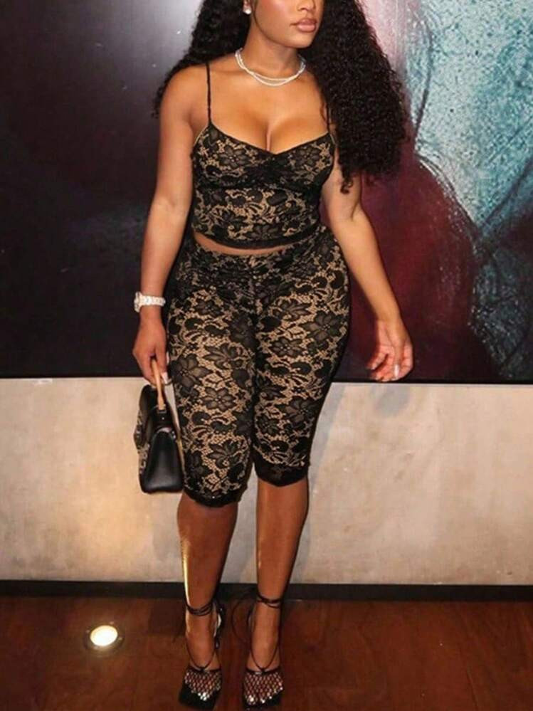 Zyxie Plus Size Women Sexy Lace Trim Camisole Top And Capri Pants Suit | SHEIN