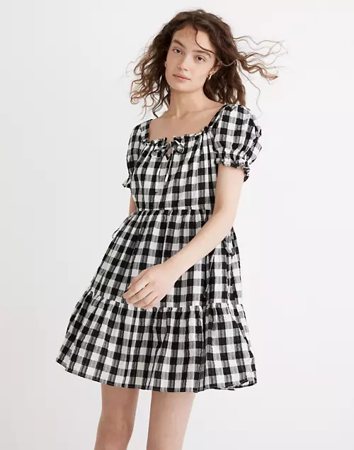 Square-Neck Tiered Mini Dress in Gingham Seersucker | Madewell