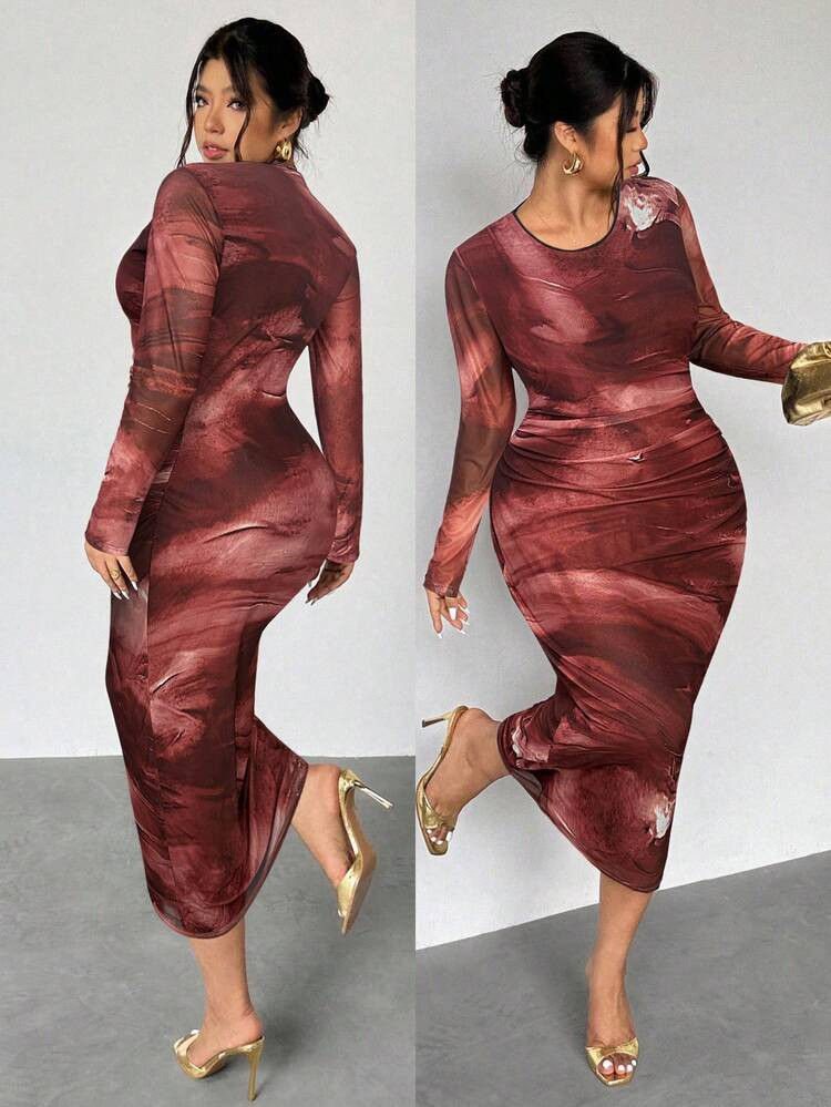 Firerie Elegant Long Sleeve Tie-Dye Print Pleated Waist Maxi Dress Asymmetric Neck Long Sleeve Elegant Date Night Dress Mesh Elastic Fabric Plus Size Women's Dress/Casual Chic Vacation Back To School Maxi Dress Bodycon Midi Dress Long Sleeve Elegant Dress Elegant Midi Dress Spring Outfit Women Spring Dress For Women Sexy Curve Dress Slay Diva Dress Long Sleeve Midi Dress | SHEIN