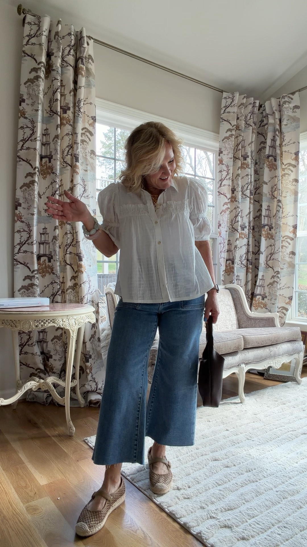 20% off Anthropologie with code NANETTE20
This blouse is a must grab. Wear it tucked in or untucked. Elbow length sleeves that so many ask for. I'm wearing a medium.
My cropped jeans are premium denim also 20% off. Wearing a 29 petite for a true ankle length. They grip you and hold you but move with you.  
The little mini tote is so cute avail in several colors. 
Espadrille mary janes are true to size. 

 

#LTKOver40 #LTKSaleAlert #LTKspring