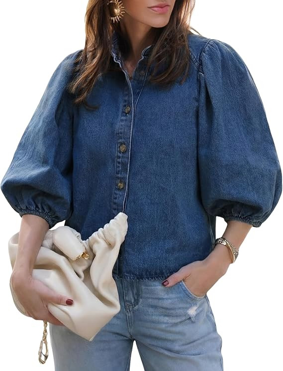 Women's Denim Shirt, Button Down Short Puff Sleeve Jean Top Summer Outfits Trendy | Amazon (US)