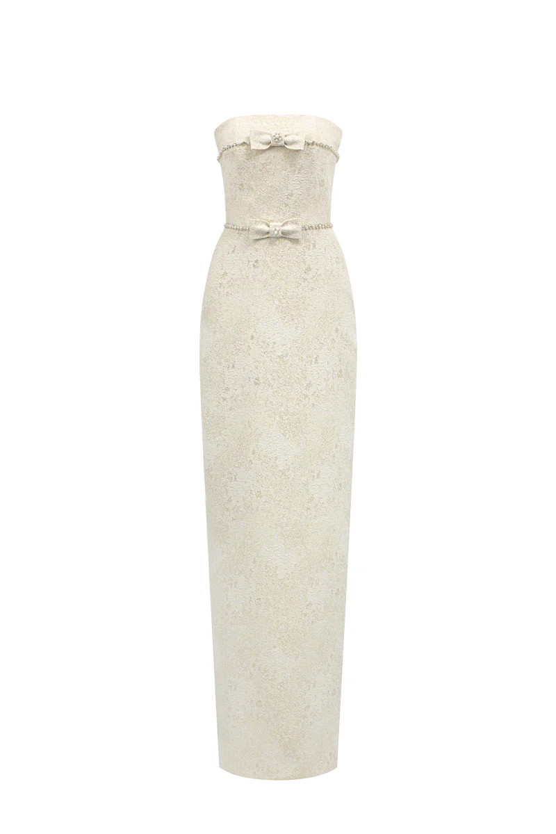 STRAPLESS LACQUERED BROCADE MAXI DRESS IN WHITE | I.H.F Studio | CULT MIA | CULT MIA UK LTD