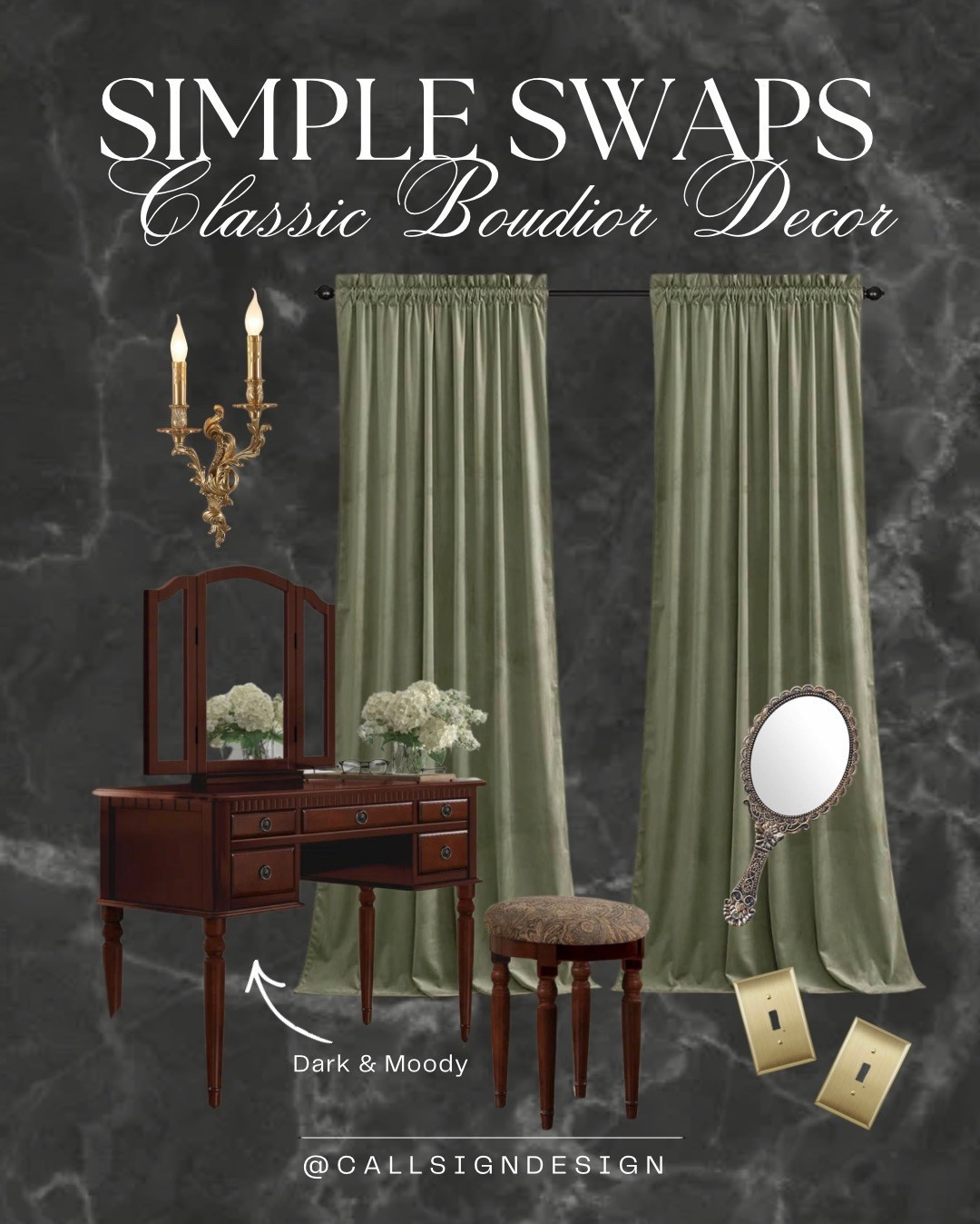 A boudoir setup that feels rich, intimate, and quietly indulgent. Luxurious olive toned curtains paired with a dark vanity create depth, warmth, and a sense of old world glamour.

 #BoudoirInspo #MoodyInteriors #OliveTones #DarkVanity #QuietLuxury #TimelessStyle #HomeDecor #DesignDetails #callsigndesign