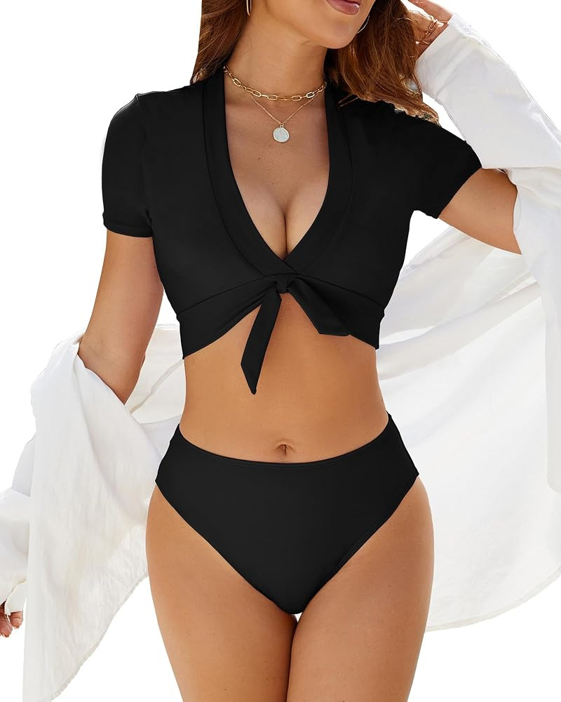 Tankini Swimsuits for Women 2 Piece Tummy Control Bathing Suit High Waisted Bikini Sets Short Sle... | Amazon (US)