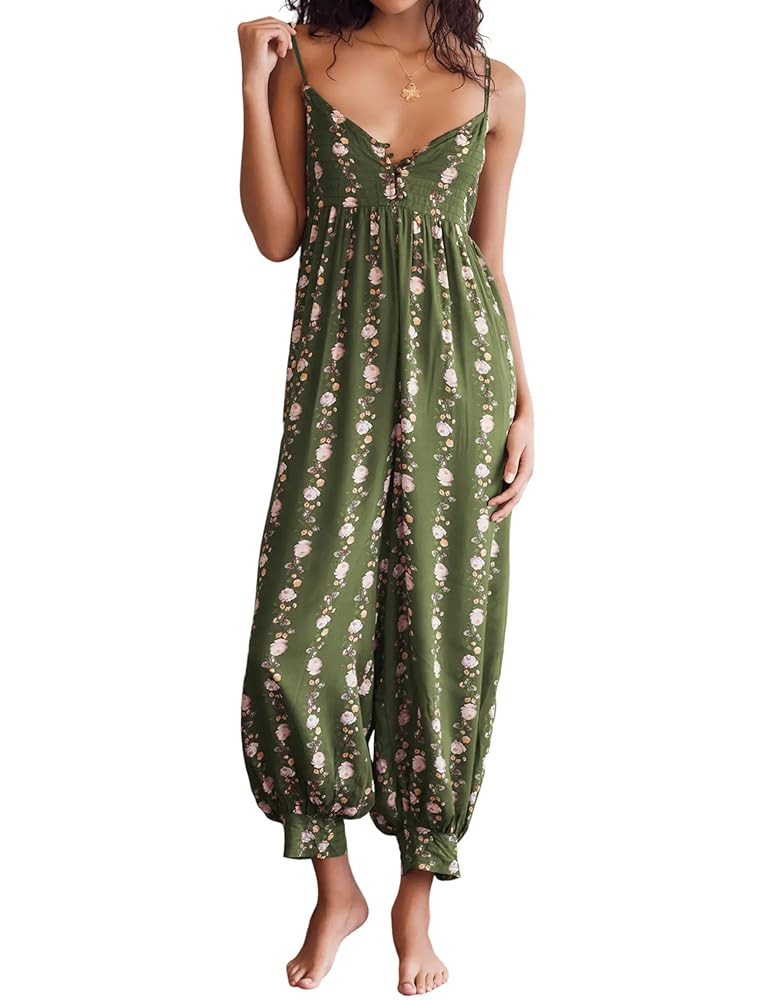 Huaqiao Women Loose Sleeveless Jumpsuits Spaghetti Strap Harem Overalls Boho Summer Floral Print ... | Amazon (US)