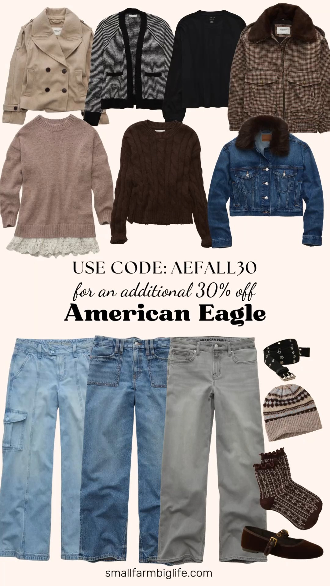 American Eagle's site wide sale is still going strong, 30 to 50 percent off everything including new arrivals, and from 9/25 through 9/28 you can stack code AEFALL30 for an extra 30 percent off.

The authentic light AE Low Rise Cargo Baggy Wide Leg Jean, the medium wash AE Curvy High Waisted Stovepipe Jean, and the gray AE High Waisted Stovepipe Jean are all easy denim staples for autumn outfits.

For outerwear, the brown black and cream houndstooth AE Fur Collar Wool Blend Bomber Jacket, the latte AE Short Wool Blend Trench Coat, and the medium wash AE Cropped Fur Collar Denim Jacket are all such cozy, statement making layers this season.

The black and white striped AE Whoa So Soft Cardigan and the brown AE Cable Knit Sweater are both easy everyday basics, and the heather fawn AE Oversized Lace Trim Sweater Dress is such a pretty option for a date night outfit. The black AE Balloon Sleeve Crew Neck Tee is a fun, versatile layering piece to build around.

Rounding things out, the chocolate AE Embellished Ballet Flat, the brown and cream bow pattern AE Ruffle Crew Socks, the brown latte and light blue AE Fairisle Beanie, and the black and silver AE Star Grommet Web Belt are all easy accessories to finish off any fall look.

Don't forget to use code AEFALL30 at checkout for an extra 30 percent off, all linked for you.

#americaneagle #fallfashion #falloutfits #autumnoutfits #sale 

 #LTKootd #LTKOver40 #LTKSaleAlert