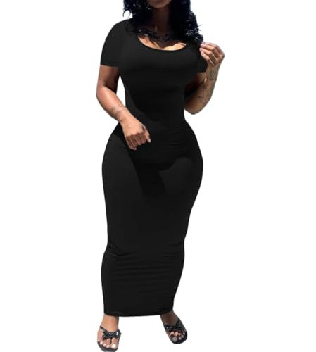 PINSV Women's Casual Bodycon Maxi Dress Summer Scoop Neck Short Sleeve Long Fitted Dresses Club Party Black L | Amazon (US)