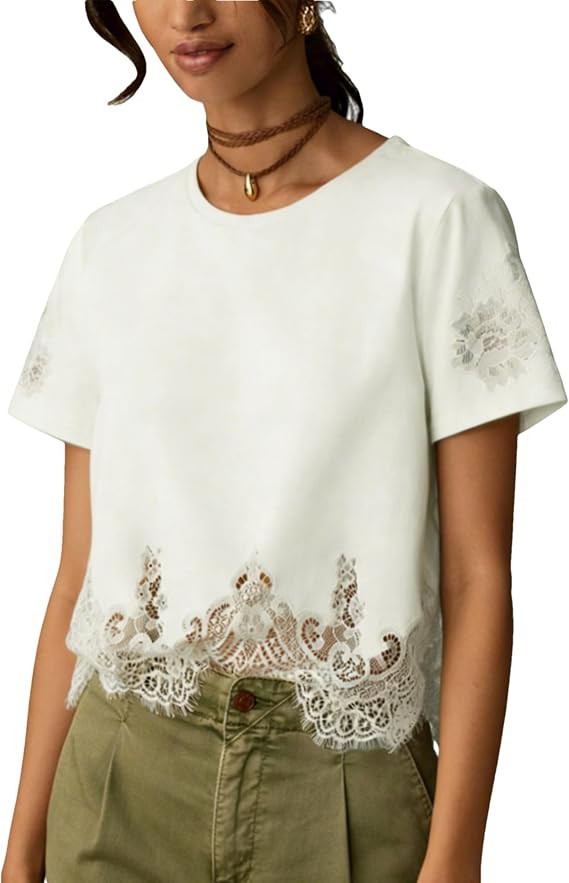 Aimiray Women's Lace Tops Cropped Crew Neck Lace Trim Shirt | Amazon (US)