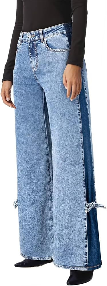 Astylish Women's Cotton High-Waisted Wide-Leg Jeans with Tie-Side Detail Fashion Fall Western Cas... | Amazon (US)