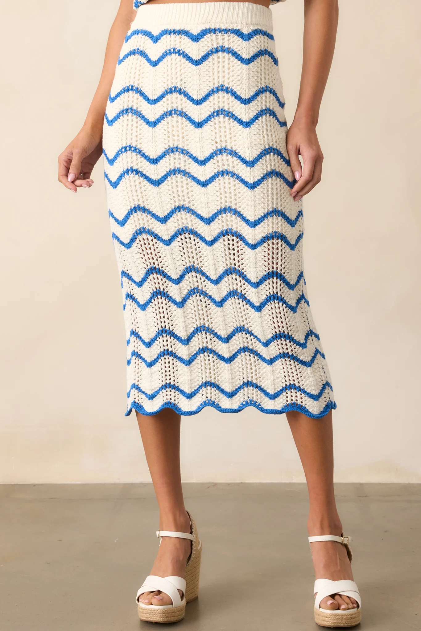 Sea La Vie Blue Stripe Crochet Knit Midi Skirt | Red Dress
