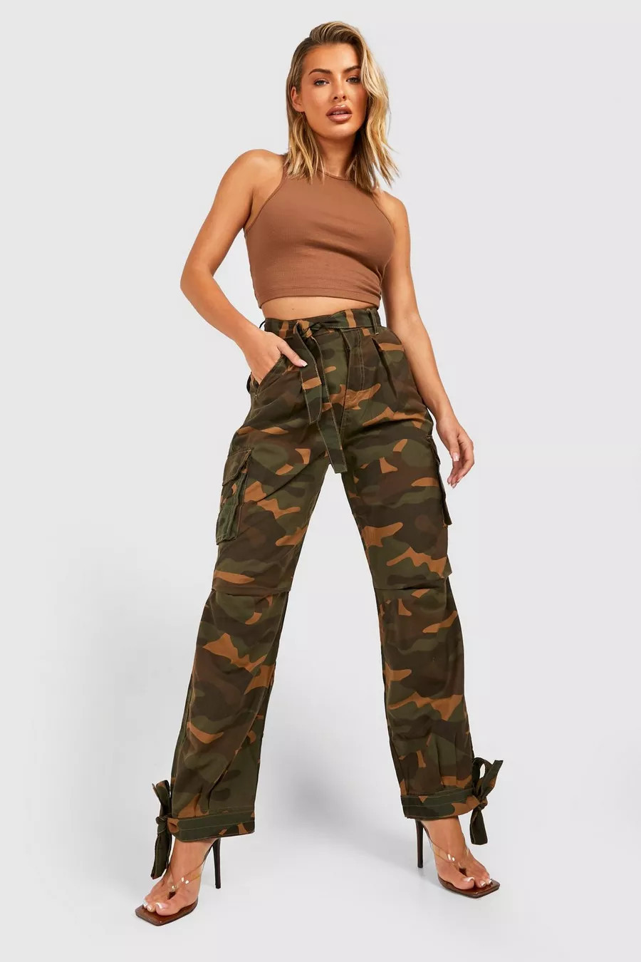 Belted Dark Camo Tie Hem Baggy Cargo Pants | Boohoo.com (US & CA)