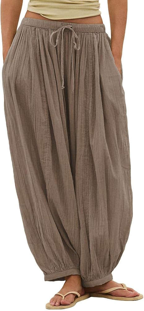 OWNGIGI Women’s Boho Linen Blend Pants Summer Loose Drawstring Balloon Beach Vacation Casual Pa... | Amazon (US)