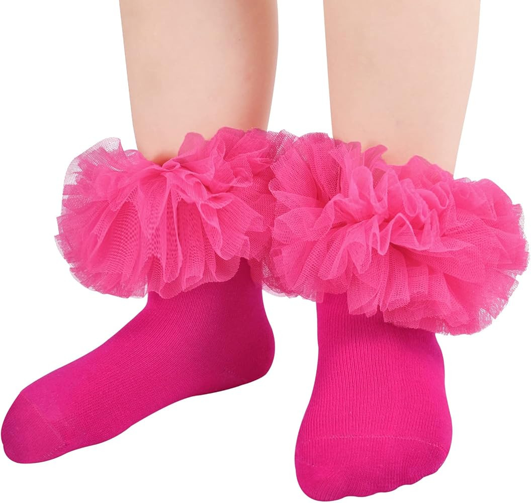 Girls Ruffle Socks Double Lace Frilly Dress Socks Kids Turn Cuff Socks for Toddler Little Girls 2... | Amazon (US)