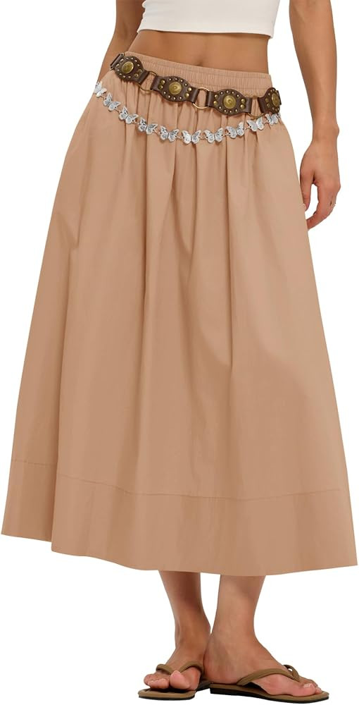 LOMON Midi Skirts for Women with Pockets A-Line Cotton Flowy Elastic Waist | Amazon (US)