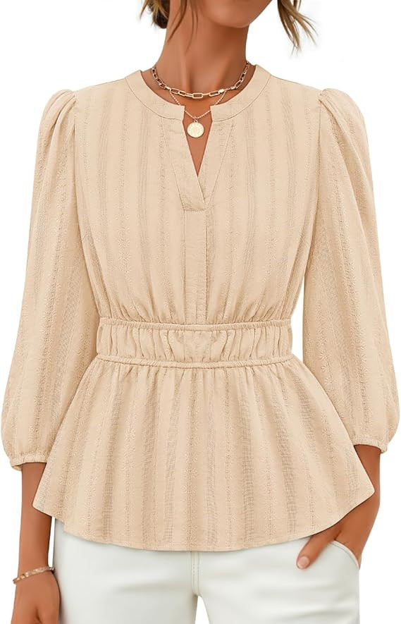 ZESICA Women's 2026 Fall Babydoll Peplum Tops V Neck Puff 3/4 Length Sleeve Shirts Dressy Casual ... | Amazon (US)