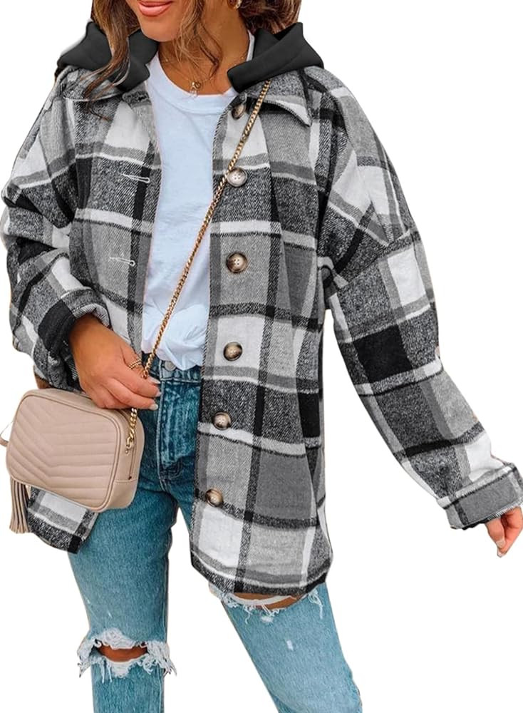 SHEWIN Womens Long Sleeve Button Down Plaid Shirts Flannel Hooded Shacket Jacket Hoodie Coats | Amazon (US)