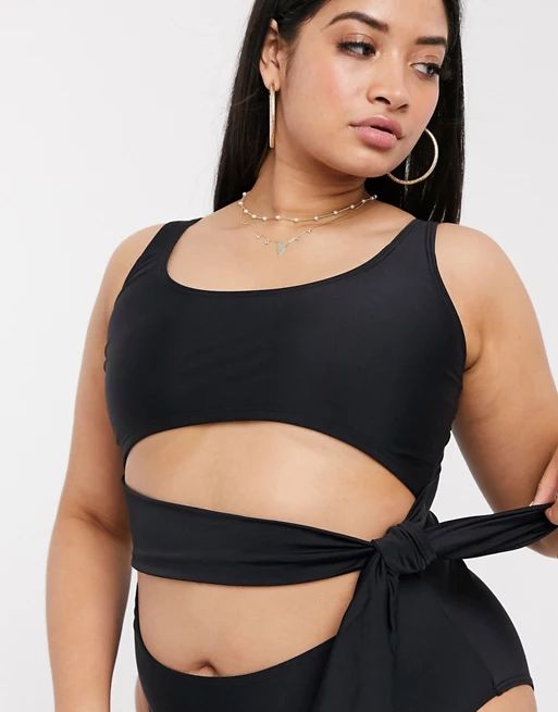 South Beach Curve Exclusive cut out tie up swimsuit in black | ASOS (Global)