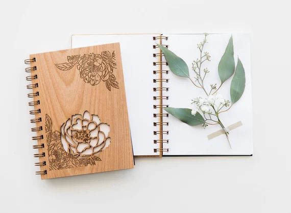 Peonies Wood Journal [Christmas, Holiday, Gift, Laser Cut, Notebook, Sketchbook, Spiral, Blank Pa... | Etsy (US)