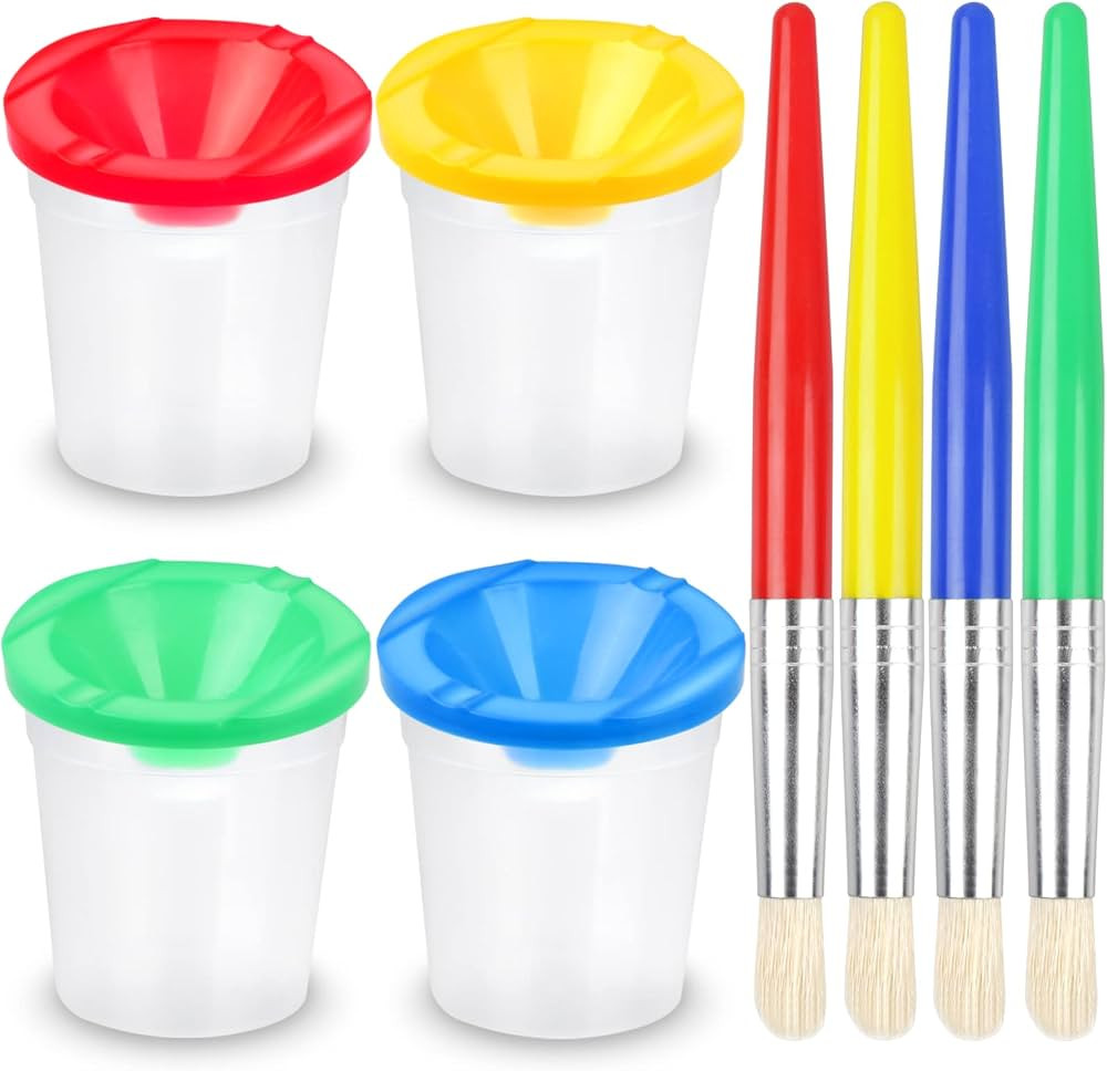 4 Piece Children's No Spill Paint Cups with Colored Lids and 4 Piece Large Round Brush Set with P... | Amazon (US)