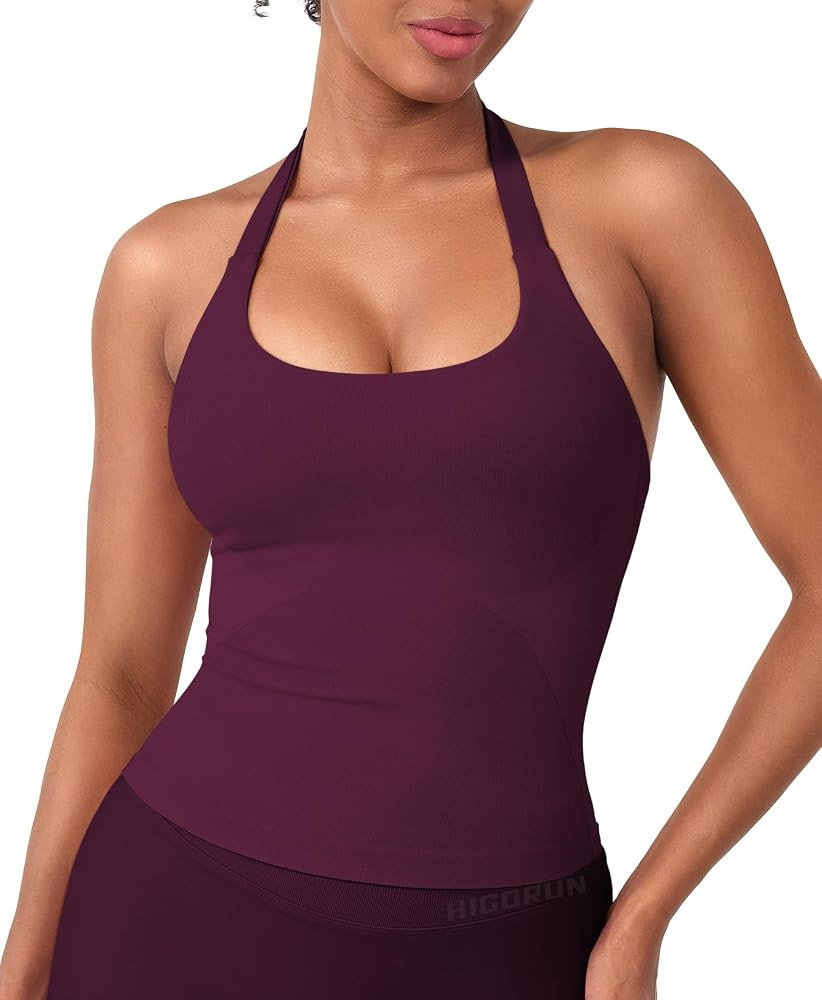 HIGORUN Women Halter Impact Tank Tops with Built in Bras Longline Crop Top | Amazon (US)