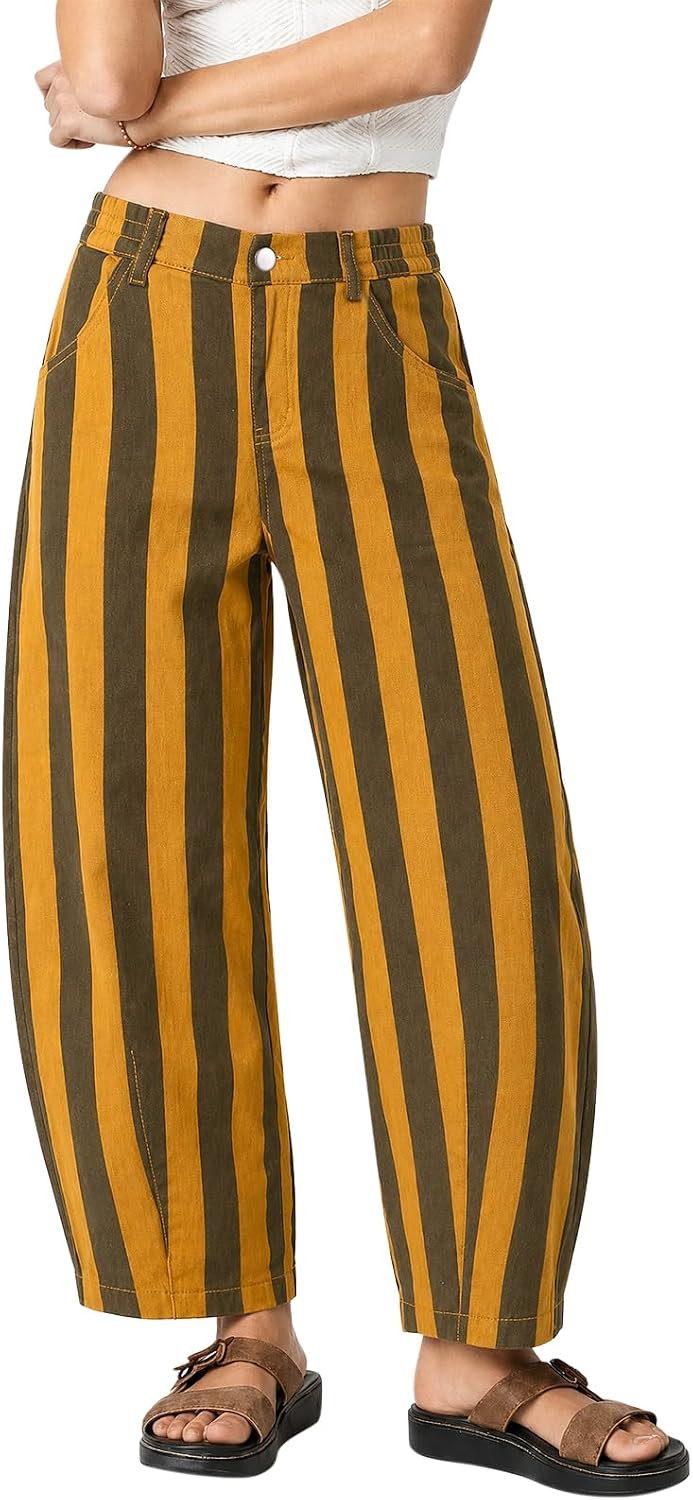 Tankaneo Womens Striped Barrel Jeans Fall Cropped High Waisted Denim Pants | Amazon (US)