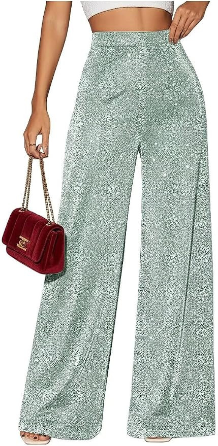 Sparkly Glitter Womens Pants Dressy Casual Pants for Women Shiny High Waisted Wide Leg Trousers | Amazon (US)