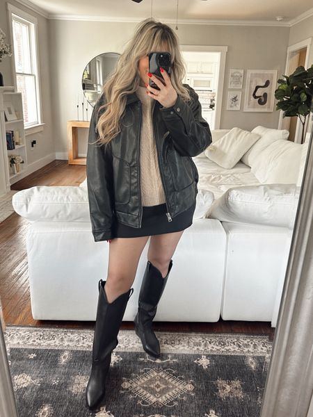 Classic winter outfit - leather bomber jacket (xl for oversized fit) with a cozy soft sweater, skort and western boots 

#LTKSeasonal #LTKstyletip