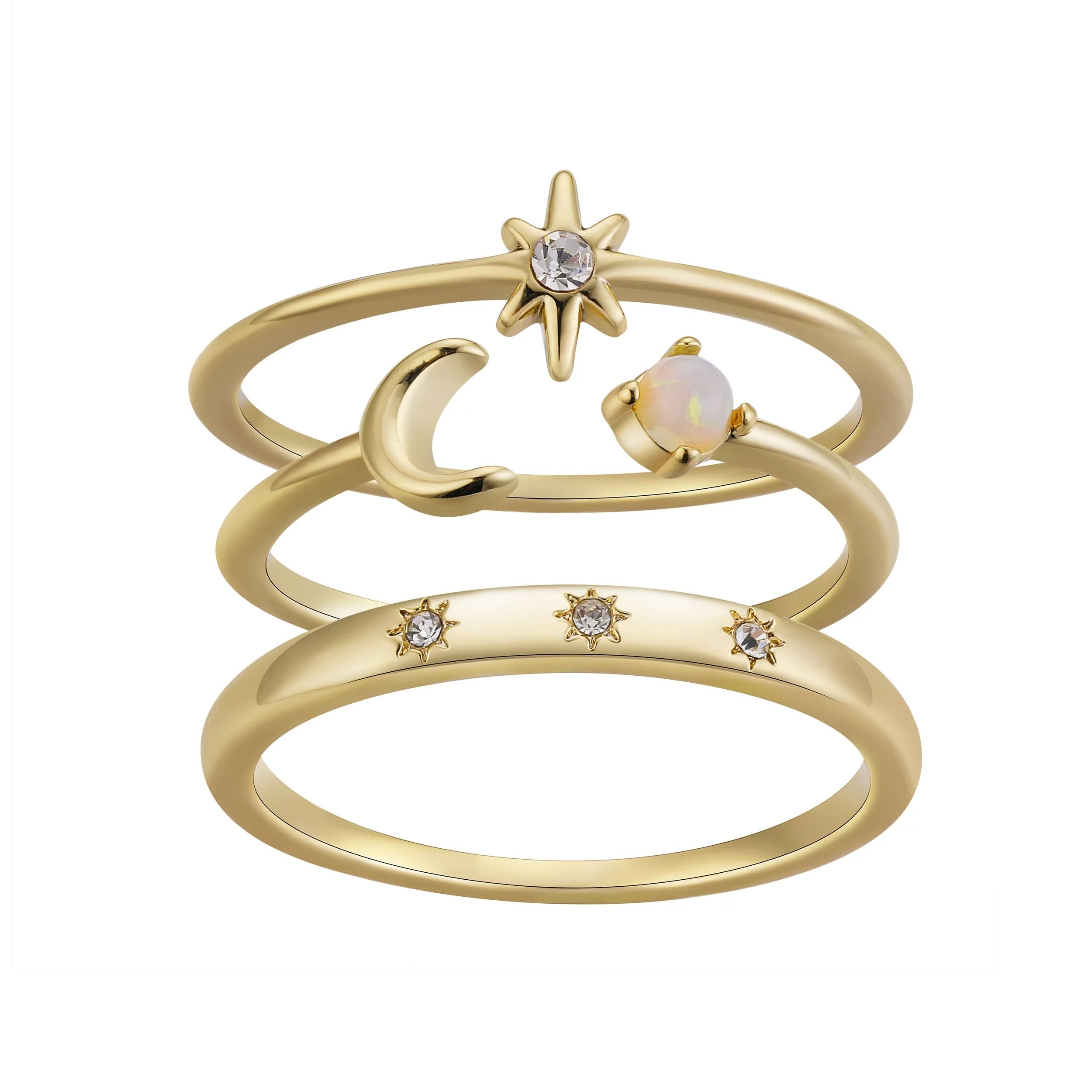Women's 14Kt Gold Flash Plated Faux Opal Celestial Moon and Star 3-Piece Ring Set | Walmart (US)