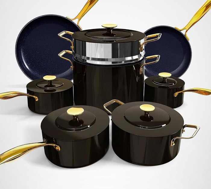 Nuwave Lux LE 13-Pc Cookware Set with Elegant Gold Handle, Diamond Infused Ceramic Non-Stick, PFA... | Amazon (US)