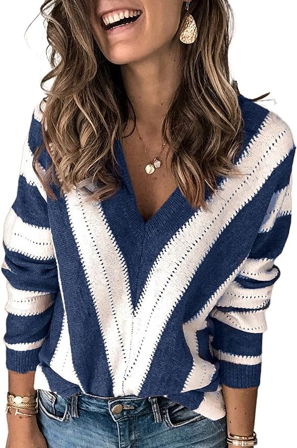 HOTAPEI Womens Long Sleeve Deep V Neck Hand Knit Striped Sweater Tops Loose Pullover Sweaters | Amazon (US)