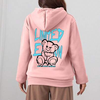 Women's Hooded Sweatshirt, Sports Style, Graffiti Style Doll Bear Pattern. Suitable For Gatherings, Sports, Outdoor Leisure And Other Occasions, Winte | SHEIN