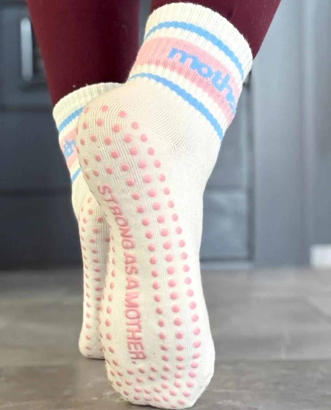 Throwback Half Crew Striped Grip Socks- Pink/Blue | Mother Hats