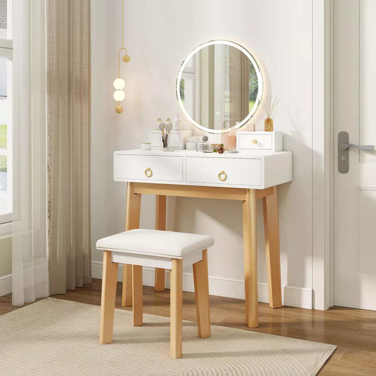 Costway Vanity Set with LED Lighted Mirror Round Mirror & Soft Cushioned Stool 4 Drawers | Target